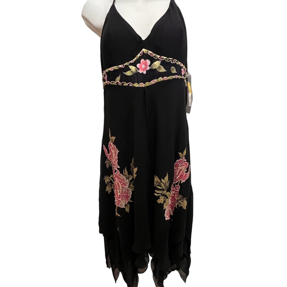 Sue Wong Black Silk hand embroidered beaded sequins Dress Midi Flare NWT sz 12 - Picture 4 of 11